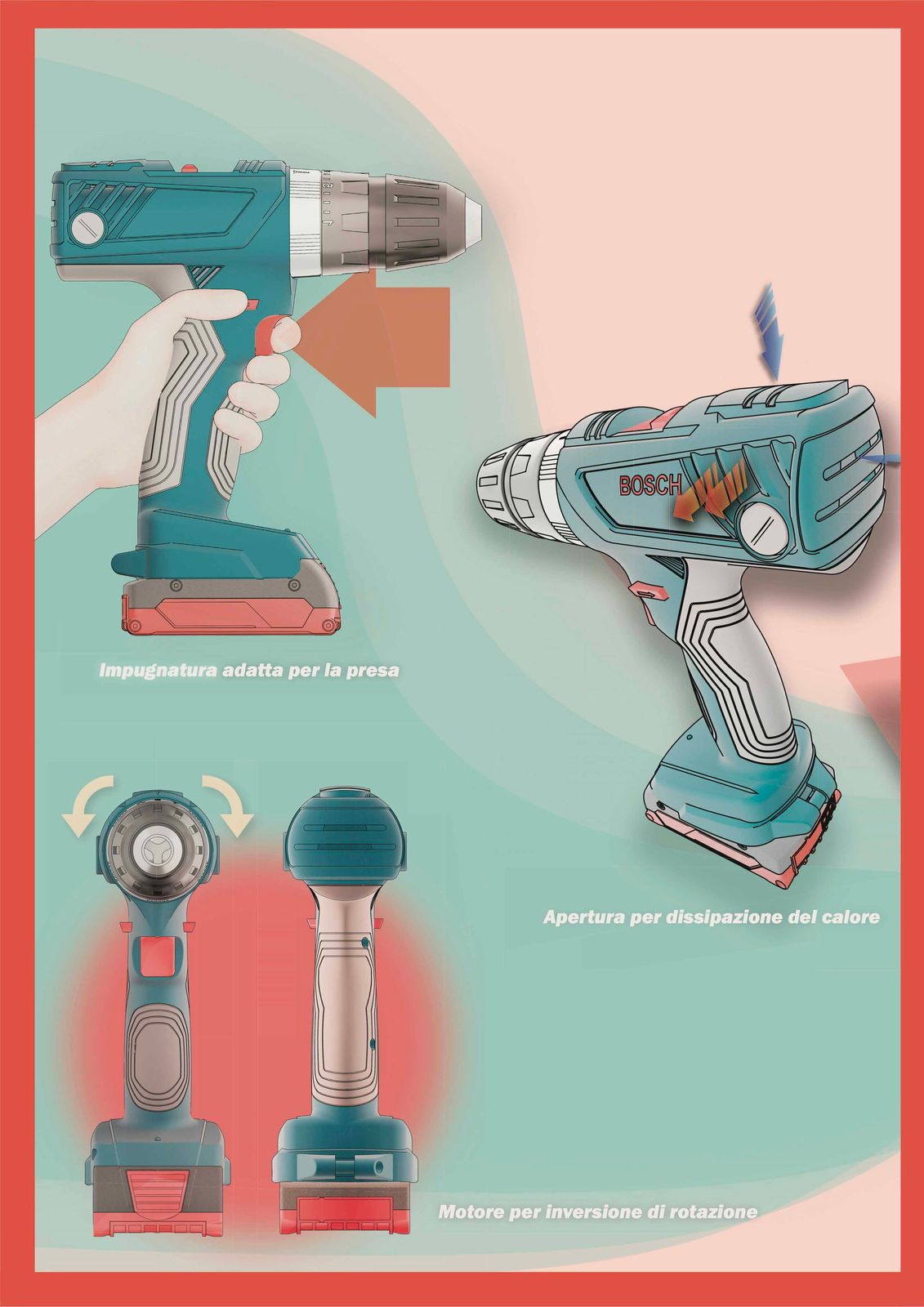 Teal and red layout of drill parts
